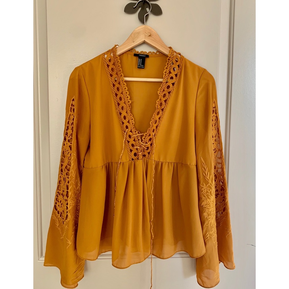 Forever 21 Mustard Embroidered Bell Sleeve Top